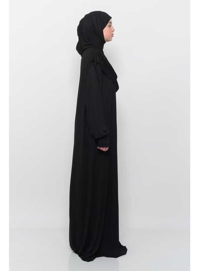 Altobeh Practical One Piece Cotton Bat Sleeves Removable Organic Hijab Prayer Dress with Headscarf - Black - Image 3